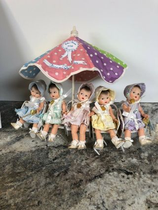 Rare Umbrella Madame Alexander Dionne Quintuplets 5 Dolls Set 75th Anniversary