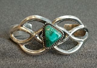 Vintage Navajo Old Pawn Turquoise & Sterling Silver Sand Cast Wide Cuff Bracelet