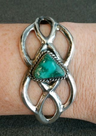 Vintage Navajo Old Pawn Turquoise & Sterling Silver Sand Cast Wide Cuff Bracelet 2