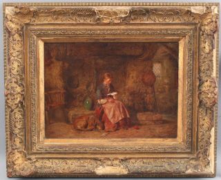 Antique Alfred Provis English Genre Interior Oil Painting,  Girl Reading W/ Dog
