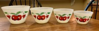 Vintage Euc Fire King Set 4 Nesting Bowls Apples Cherries Splashproof 1957