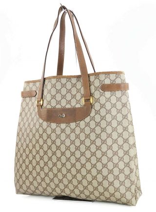Authentic Vintage Gucci Brown Gg Pvc Canvas And Leather Tote Bag Purse 33314