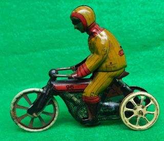 RARE 1910 German CKO Kellermann 3 Wheel Motorcycle & Rider Penny Tin Toy Germany 2