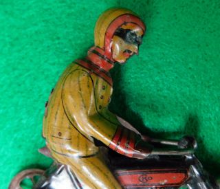 RARE 1910 German CKO Kellermann 3 Wheel Motorcycle & Rider Penny Tin Toy Germany 5