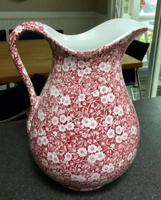 Rare Vintage Crownford China Red Calico Floral Tall Pitcher 128 Oz Euc