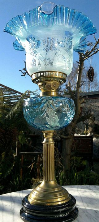 Victorian Style Blue Glass Oil Lamp Duplex Twin Burner 24 " Tall