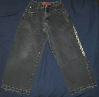 Vintage JNCO Jeans Tribal Embroidered Mens Black 30x30 Baggy Skater Raver 90s 2