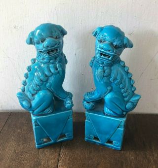 2 Vintage Chinese Glazed Porcelain Turquoise Blue Foo Dog Statues Figurines Pair