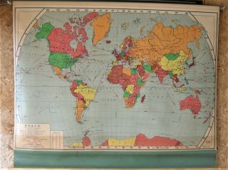 Vintage A J Nystrom & Co.  World Map Colorful School Pull Down Map 5 