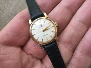 Vintage Ladies 9ct Solid Gold Omega Geneve Pie Pan Dial Watch Boxed 11