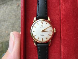 Vintage Ladies 9ct Solid Gold Omega Geneve Pie Pan Dial Watch Boxed 2