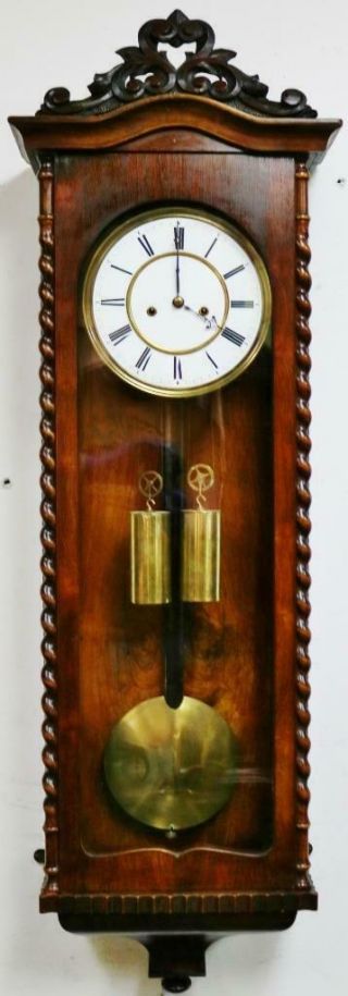 Antique Twin Weight Vienna Wall Clock 8 Day Striking Slim Biedermeier Wall Clock