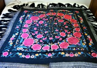 ANTIQUE BLACK SILK HEAVILY EMBROIDERED HUGE PIANO SHAWL 4