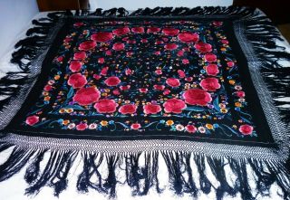 ANTIQUE BLACK SILK HEAVILY EMBROIDERED HUGE PIANO SHAWL 5