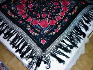 ANTIQUE BLACK SILK HEAVILY EMBROIDERED HUGE PIANO SHAWL 6