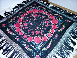 ANTIQUE BLACK SILK HEAVILY EMBROIDERED HUGE PIANO SHAWL 7