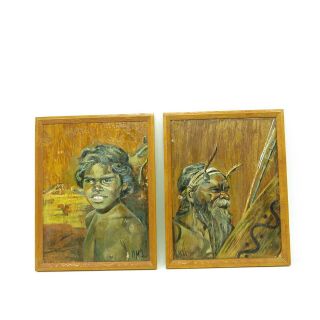 Vtg Pair Portrait Aborigine Australian Tree Bark Framed Signed Paintings
