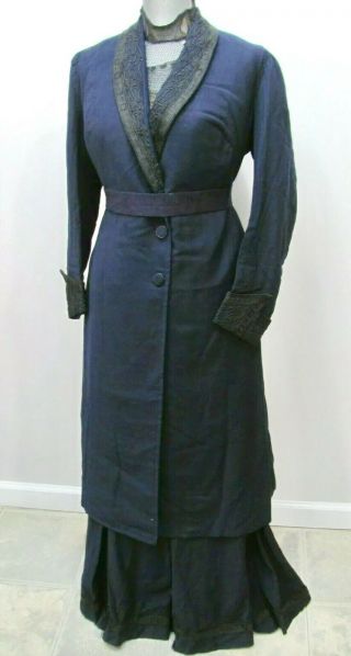 Rare Titanic - Era Edwardian 3pc Gabardine Walking Suit Soutache - Net Dress - Coat,