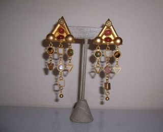 Vintage Natasha Stambouli,  Signed,  Dangle Earrings,  24k Gold Plated Semi Precious