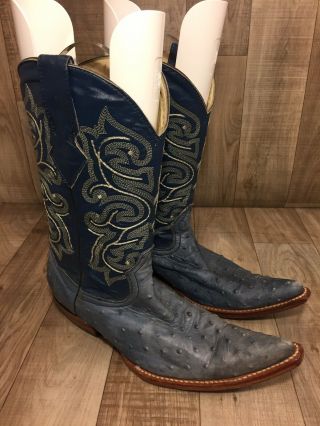 Vtg Mens Handmade Cowboy Ostrich Leather Blue Boots Sz Us 8 - 8.  5 26.  5 Mex