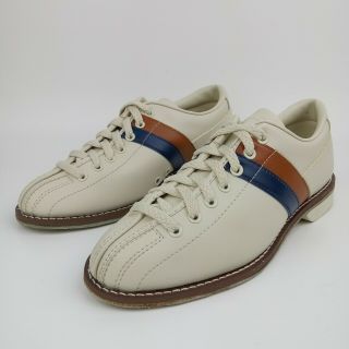 Vintage Nsg Striker Bowling Shoe Women Size 7.  5 Leather Beige Striped Brown/blue