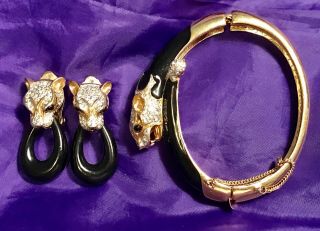 60’s Vintage Panetta Black Panther Enamel Crystal Hinged Bracelet Earrings Set
