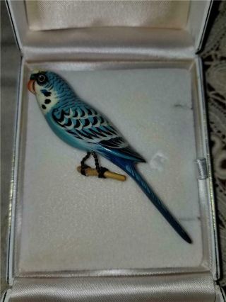Vtg Hand Painted Wooden Blue Parrot Tropical Bird On Perch Jewelry Pin Brooch