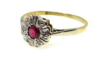 18ct Yellow Gold Art Deco Ruby And Diamond Flower Cluster Ring Size O Vintage