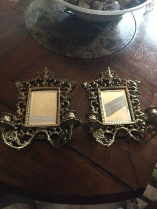 2 Vtg Victorian Cast Brass 2 Candle Wall Sconces W Beveled Mirror