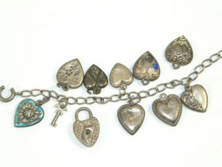 Antique Vintage Sterling Silver 925 Puffy Heart Charm Bracelet Enameled Padlock