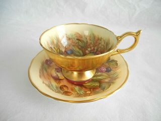 Vintage Aynsley Orchard Fruit Cup & Saucer Signed D.  Jones Yellow & Gold