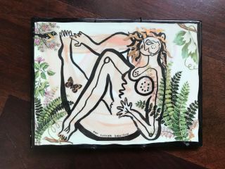 Vintage Pat Custer Denison Nude Woman Garden Hand Painted Ceramic Tile - England