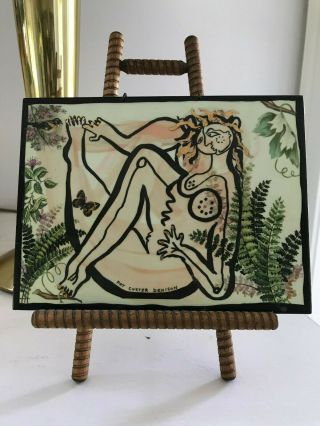 Vintage Pat Custer Denison Nude Woman Garden Hand Painted Ceramic Tile - England 2