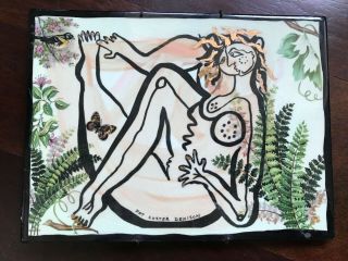 Vintage Pat Custer Denison Nude Woman Garden Hand Painted Ceramic Tile - England 5