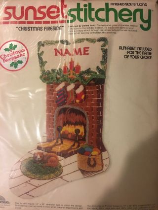 Vintage Sunset Christmas Fireside Stocking Crewel Stitchery Kit 2040 Cat