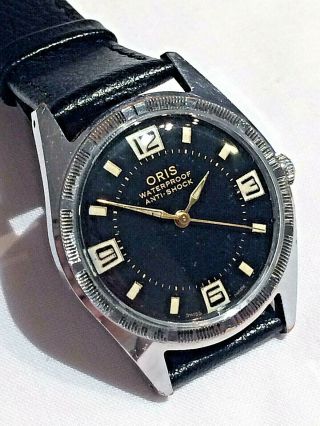 Rare Vintage Ss Oris Swiss Mens Watch Ft Black Divers Lume Dial & Strap