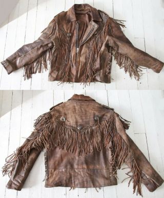 Vintage 60s 70s Mens Brown Leather Jacket Western Braided Fringed Motorcycle 46
