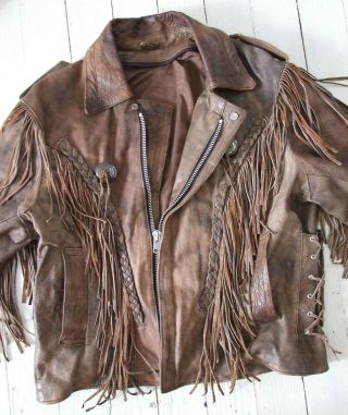 Vintage 60s 70s Mens Brown Leather Jacket Western Braided Fringed Motorcycle 46 2