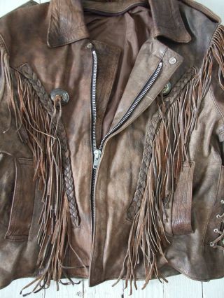Vintage 60s 70s Mens Brown Leather Jacket Western Braided Fringed Motorcycle 46 3