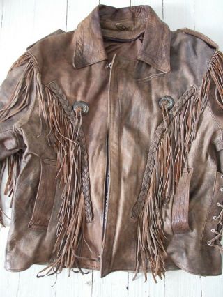 Vintage 60s 70s Mens Brown Leather Jacket Western Braided Fringed Motorcycle 46 4