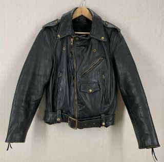 Vintage 70 ' s Black Leather Belted Motorcycle Jacket W/ Removable Liner Sz 42 2