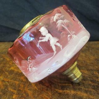 19thc Victorian Mary Gregory Cranberry Glass Paraffin Oil Lamp Font