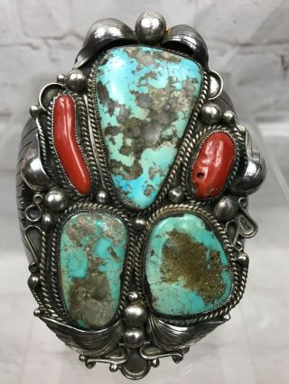 Huge Vtg Old Pawn Navajo Sterling Silver Turquoise Red Coral Cuff Bracelet 121g
