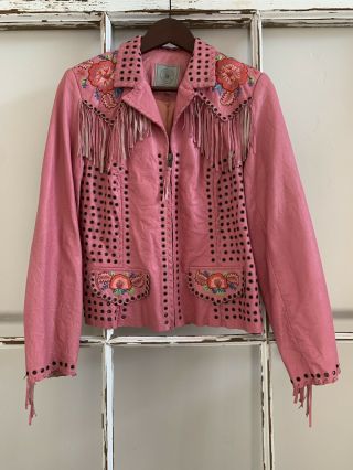 Rare Vnt Pink Leather Double D Ranch Women’s Jacket W/ Fringe & Flowers