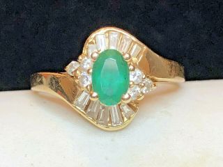 Vintage Estate 14k Gold Natural Emerald Diamond Ring Engagement Bypass Signed