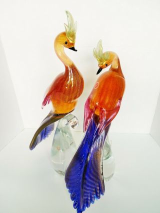 Two Fabulous Huge 18 " Vintage Murano Mid Century Art Glass Pair Bird Sculptures