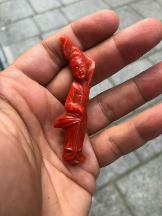 Antique Aka Red Chinese Coral Statue Statue Of A Women 10.  7 Gram