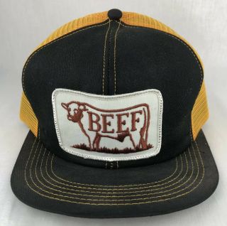 Vtg Beef Patch Snapback Trucker Mesh Hat K Products Usa Glack Yellow Cow