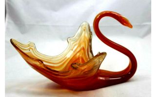 Murano Glass Orange Swirled Swan Centerpiece Bowl 13 " X 8 " X 11 " Vintage Large