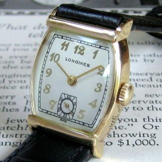 Mens 1946 Longines 14k Solid Gold Art Deco Tonneau Case 17j Vintage Swiss Watch